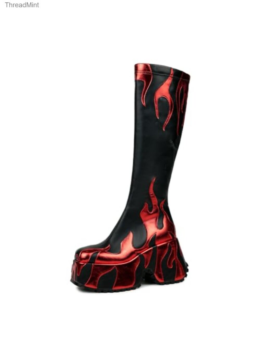 HiColor Women's Side Zipper High Heeled Chunky Sole Boots with Silver Flames